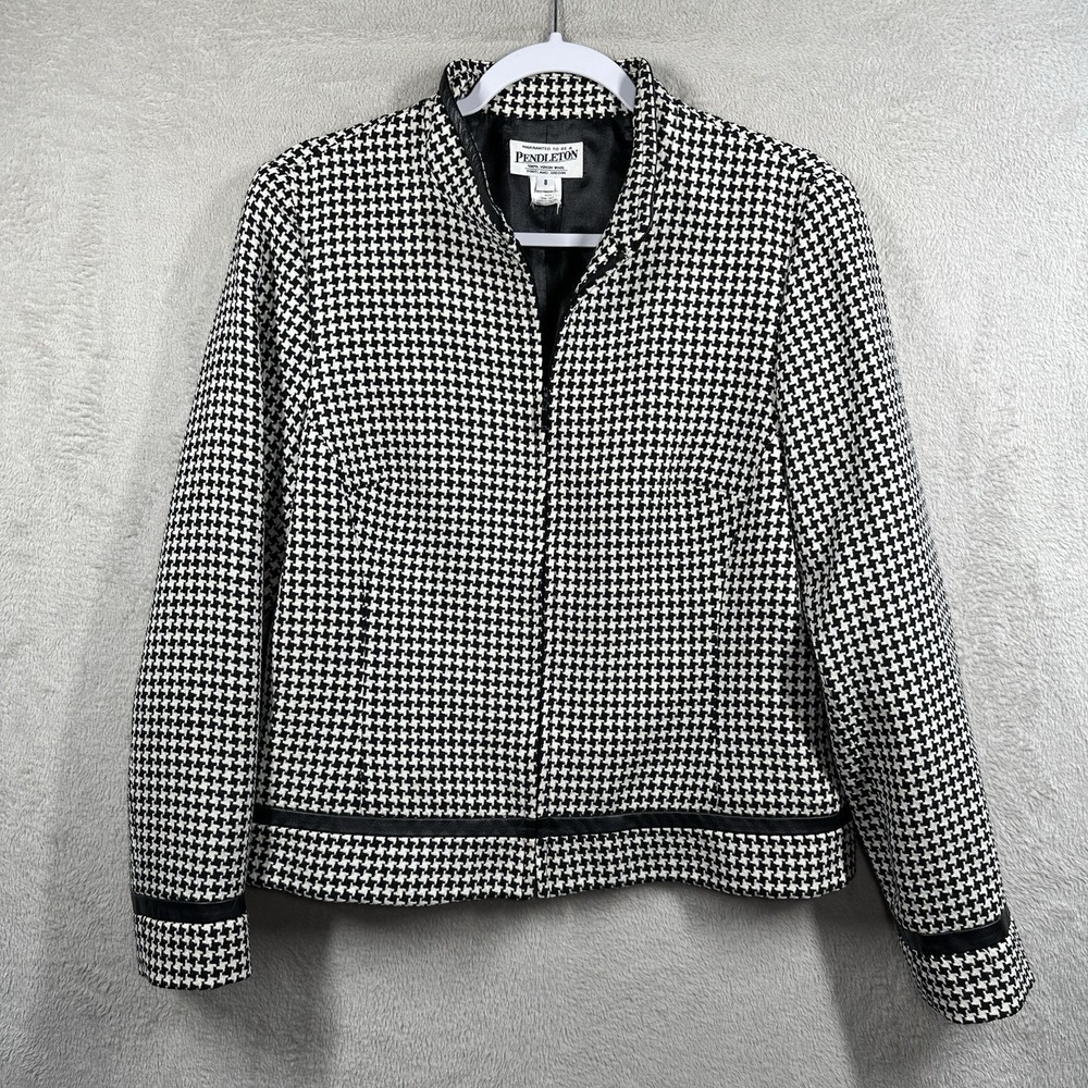 Pendleton 100% Wool Houndstooth Black White Zip Jacket Womens sz 8‎ Leather trim